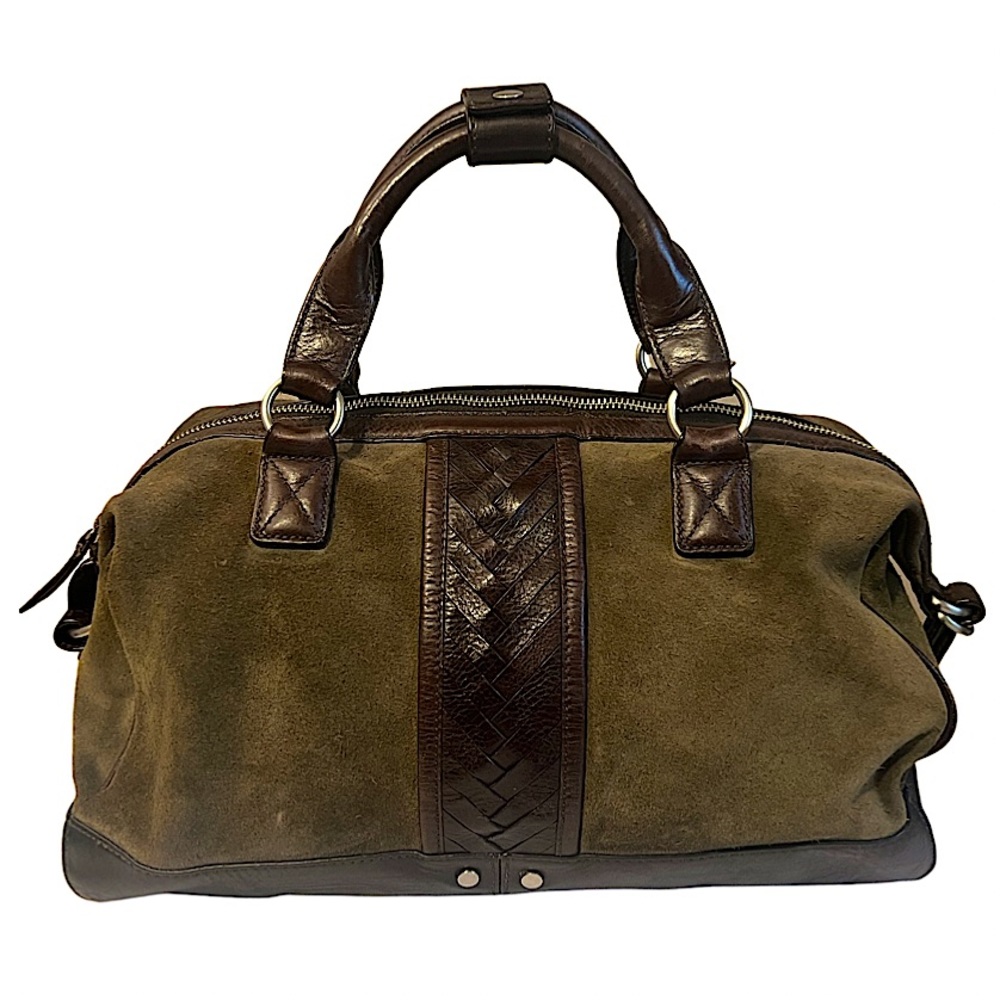 Cole Haan Olive Green Suede Chestnut Leather Duffle Shaped Handbag